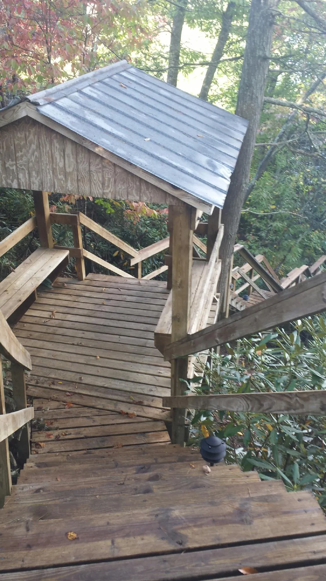 Metal roofed shelter over wooden steps on a wooded walkway — Skylight Repair & Installation work by our crew in Index